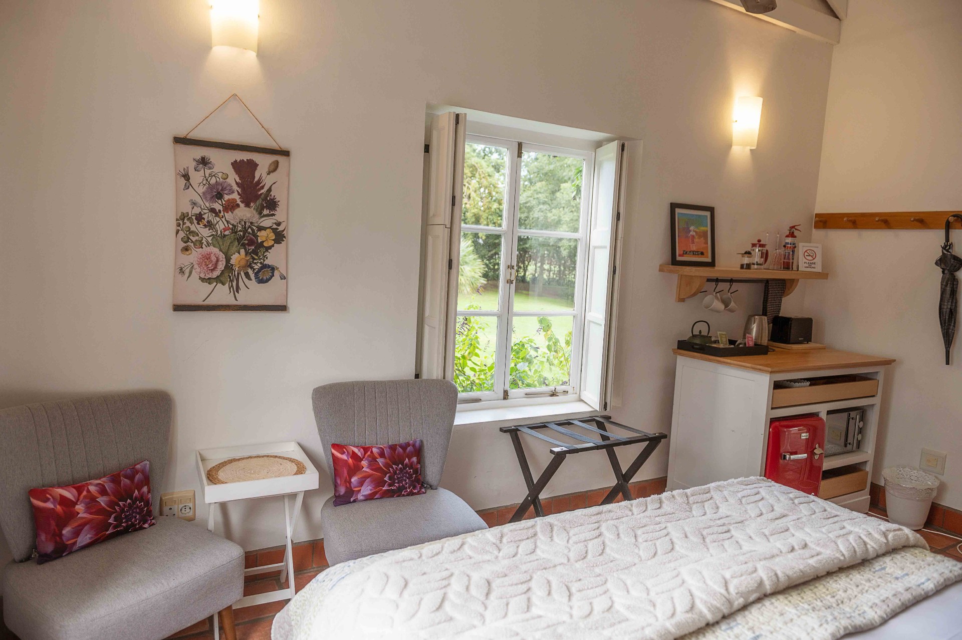 Bedroom seating nook with tea station and garden window